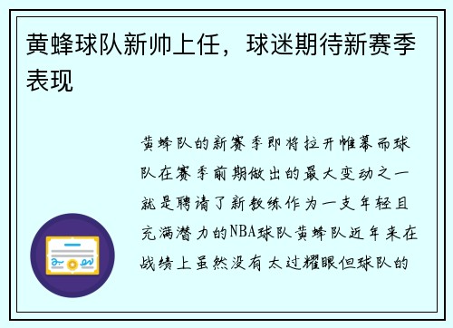黄蜂球队新帅上任，球迷期待新赛季表现